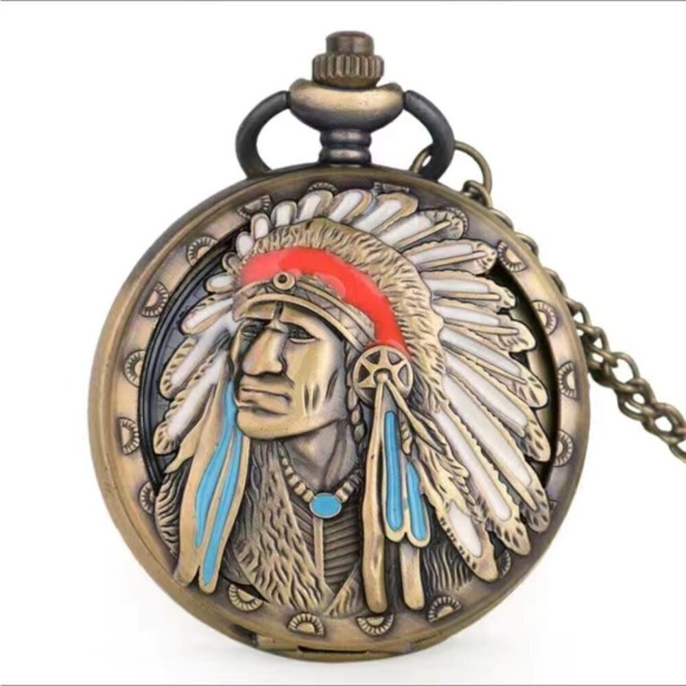 Pocket Watch Native American Traditional Headdress Hinged Flip Open Chain Pouch - Picture 11 of 11